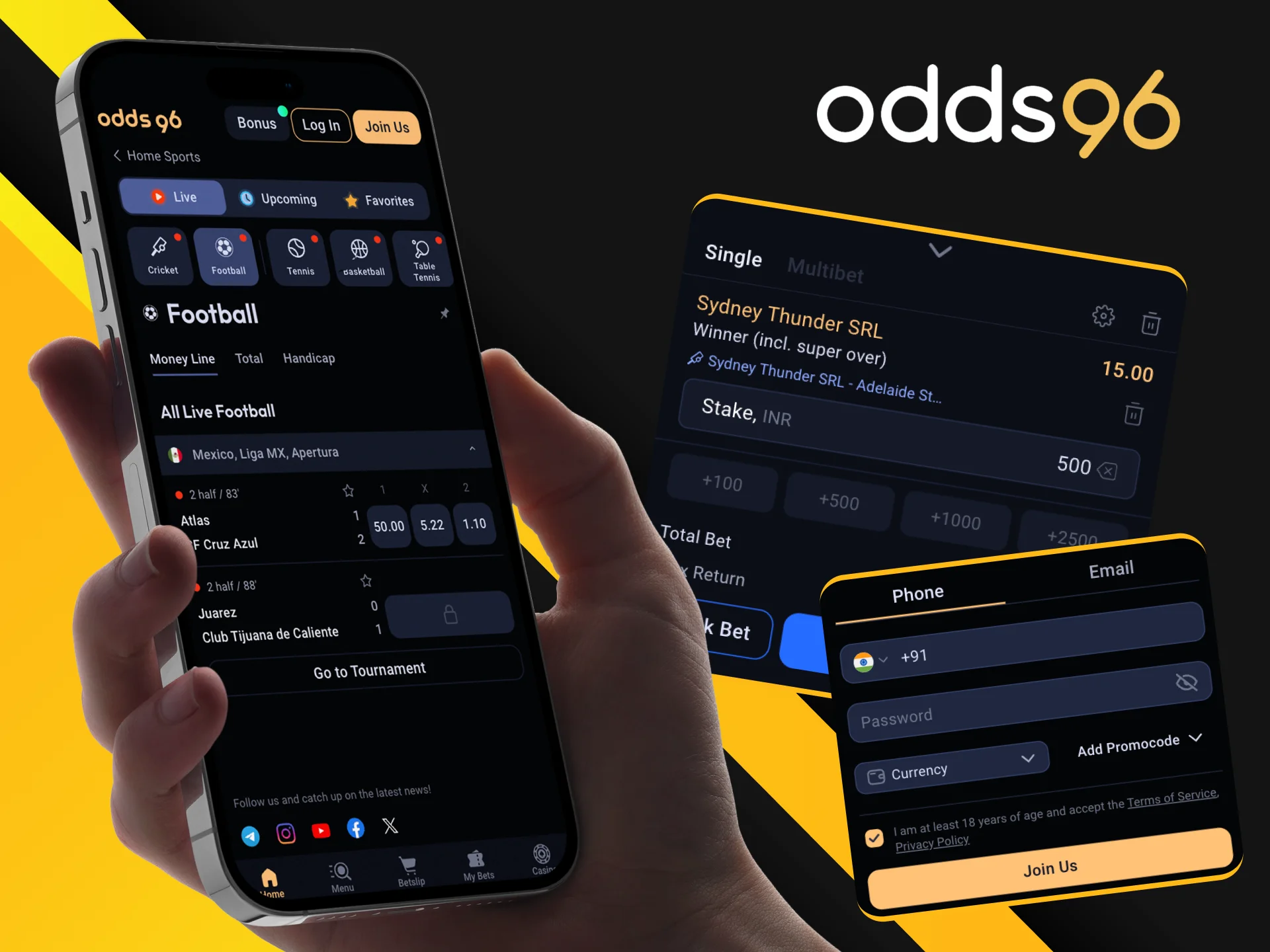 Step-by-step instructions for players on how to place bets on sports in the Odds96 online casino application.