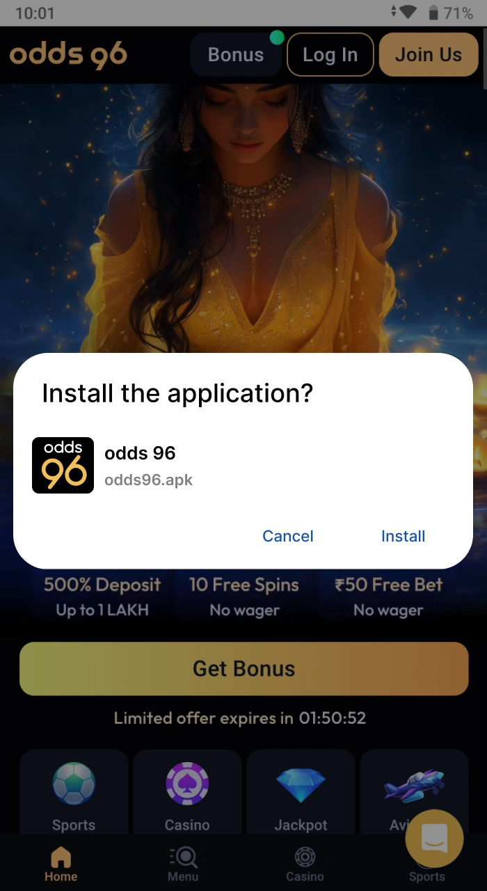 How to install the Odds96 online casino application.