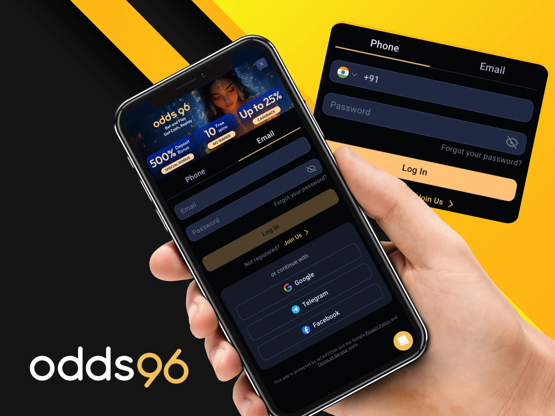 Instructions for users on how to log in to the Odds96 online casino in the application on their phone.