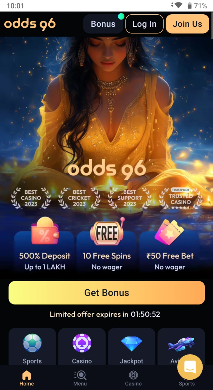 The Odds96 online casino application can be downloaded from the official website.