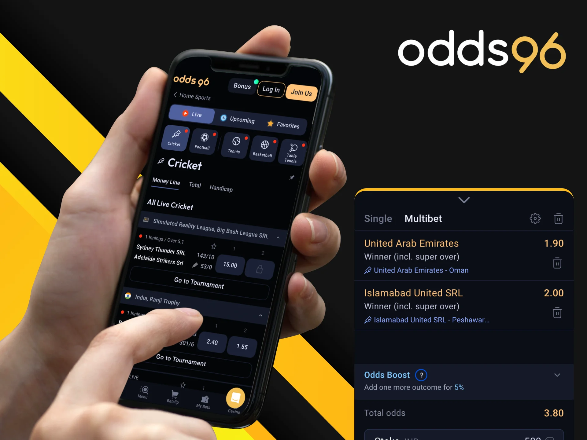 What types of sports betting are available to players at the Odds96 online casino in the application on their phone.