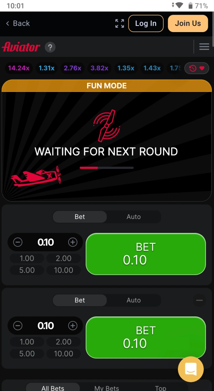 What does waiting for a new round look like in the game Aviator online casino Odds96.