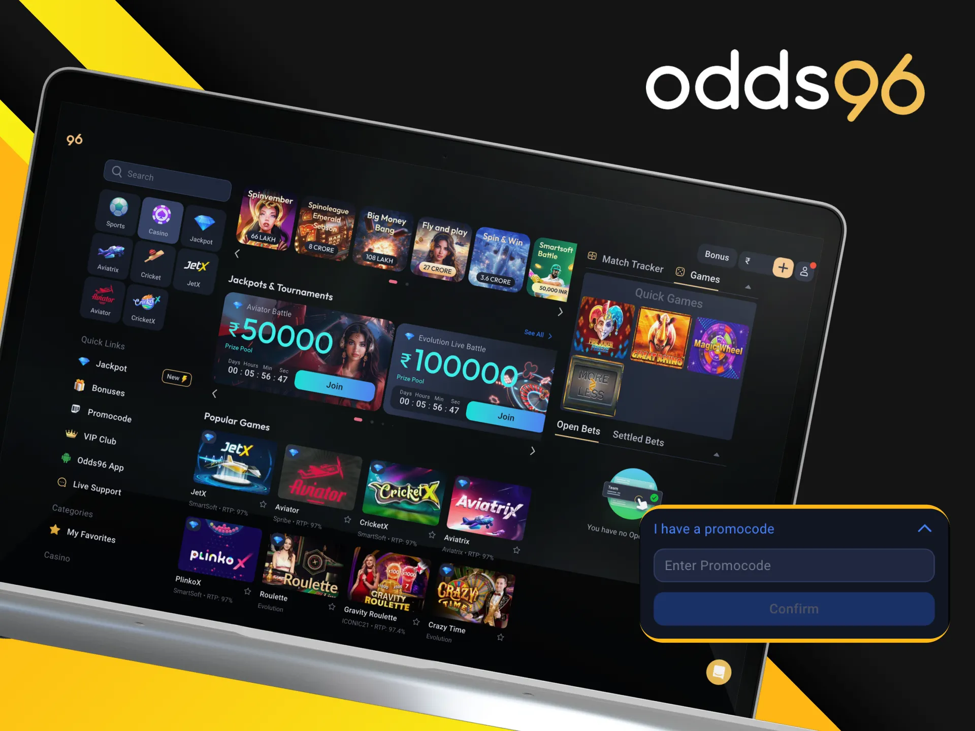 What does a casino promo code offer to players on the Odds96 online casino website.