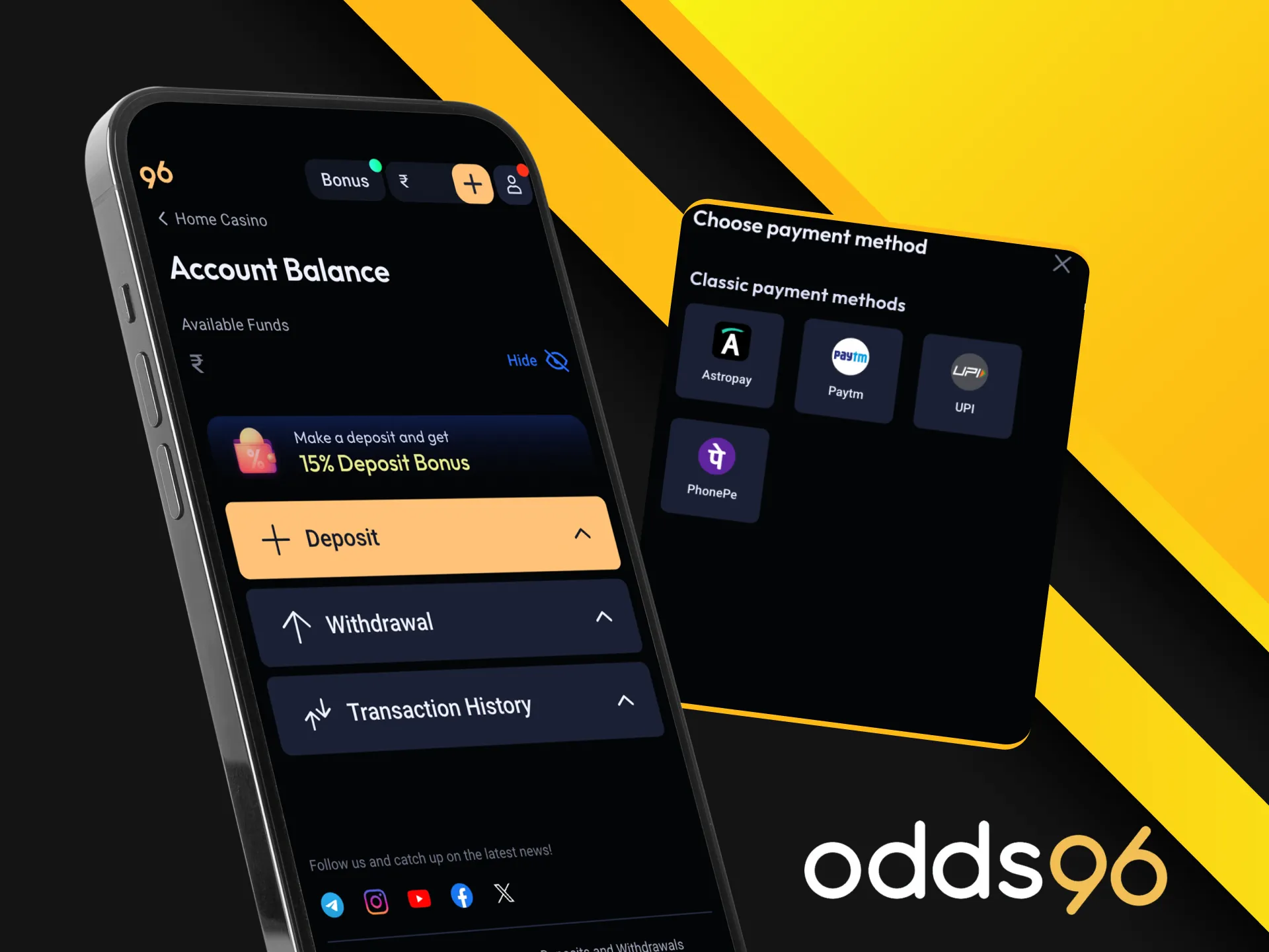 Instructions for players on how to withdraw money in the Odds96 online casino application.