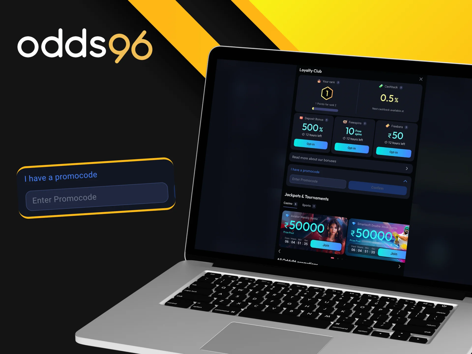 Enter the promotional code and receive your welcome bonus at Odds96 Online Casino.