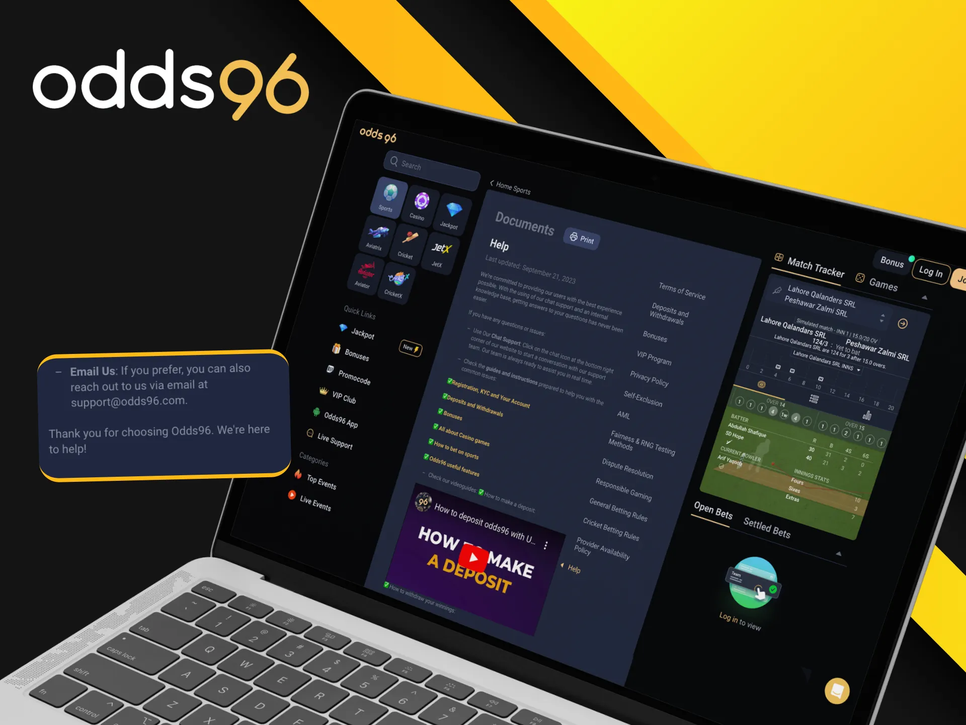 What email address can I write to technical support on the Odds96 online casino website.