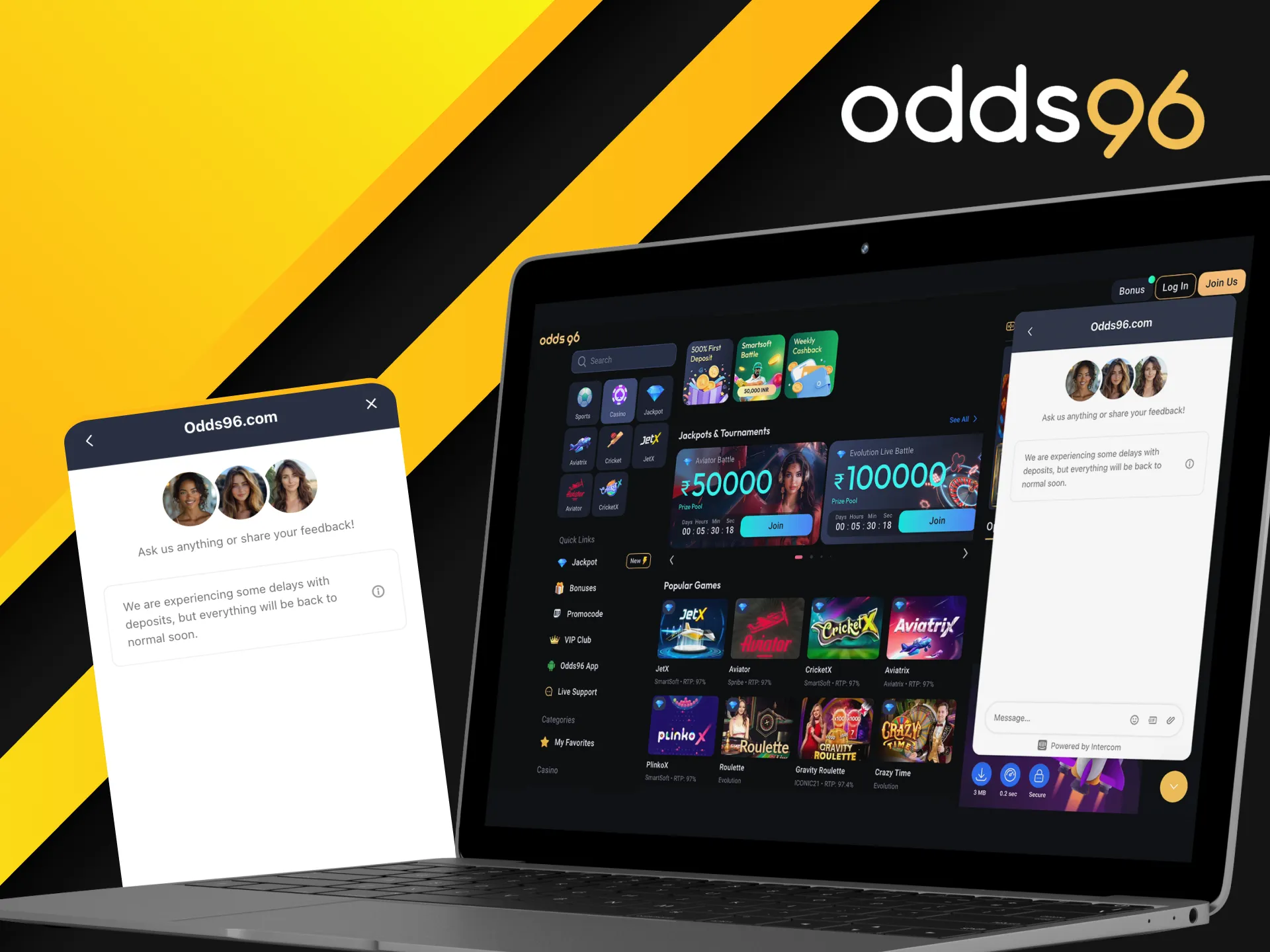 Is there an online chat with technical support on the Odds96 online casino website.