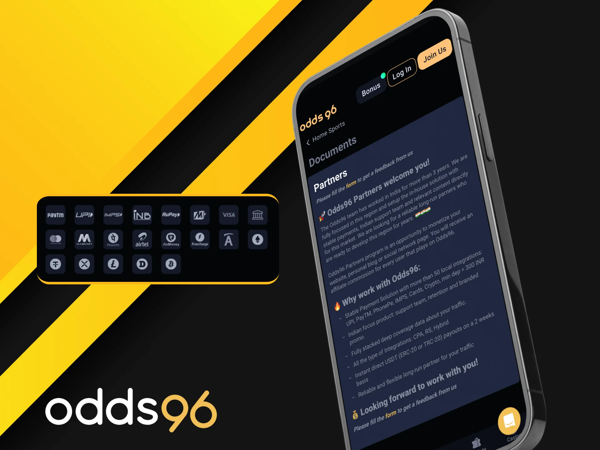 Choose a payment method convenient for you in the affiliate program of the Odds96 online casino.